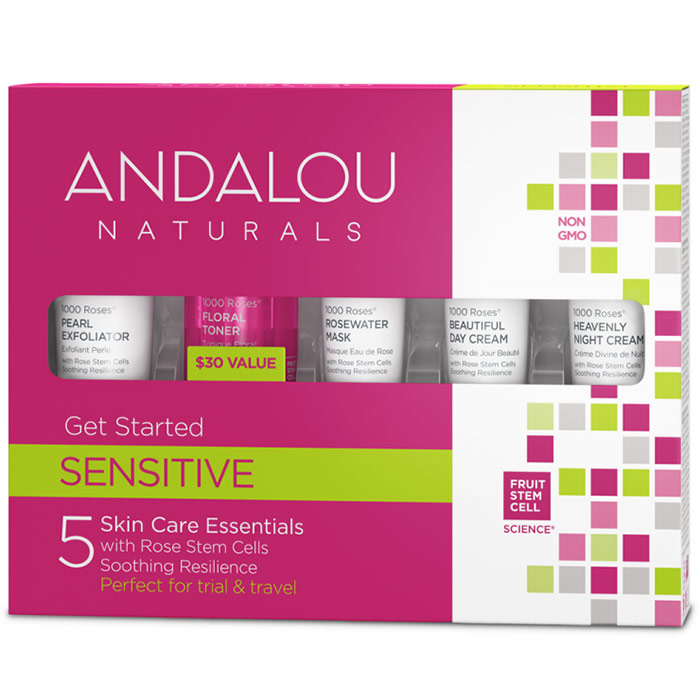 1000 Roses Get Started Sensitive Kit (Skin Care Essentials), 5 pc, Andalou Naturals