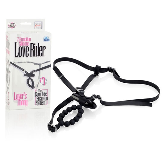 7-Function Silicone Love Rider, Lovers Thong - Black, Strap-On Vibe, California Exotic Novelties