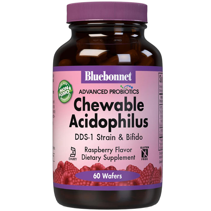 Advanced Probiotics Chewable Acidophilus, Natural Raspberry Flavor, 60 Wafers, Bluebonnet Nutrition