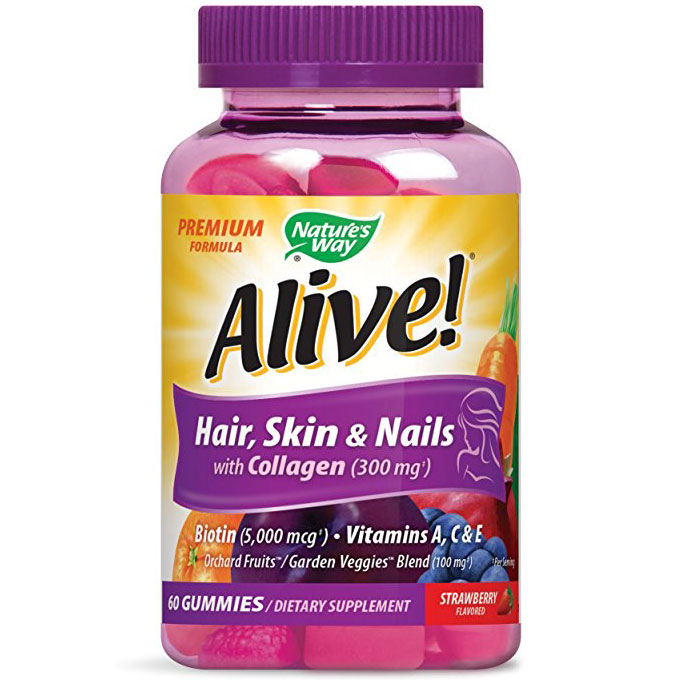 Alive! Gummy Hair, Skin & Nails, Chewable - Strawberry Flavor, 60 Gummies, Natures Way