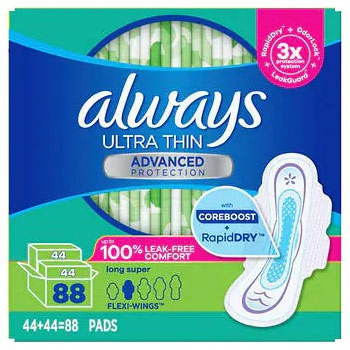 Always Ultra Thin Long Super Pads with Flexi-Wings, Advanced Protection, 88 ct