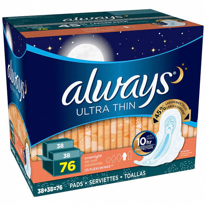 Always Ultra Thin Pads with Flexi-Wings, Overnight Absorbency, 76 ct