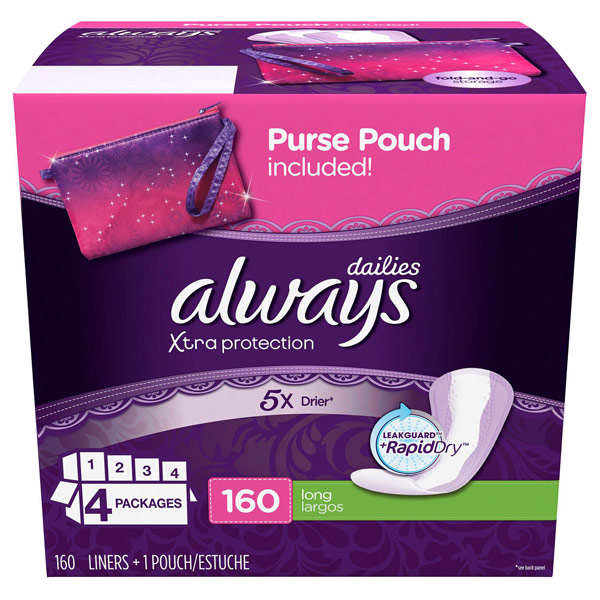 Always Xtra Protection Daily Liners (Pantiliners), Long, with Purse Pouch, 160 ct