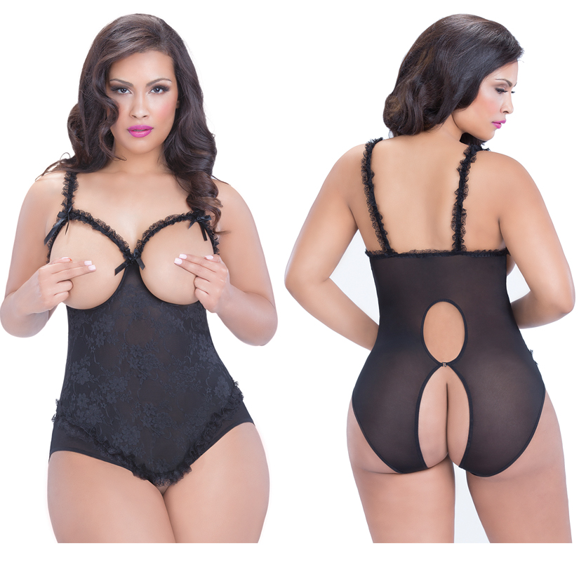 Ambre Open Cup Crotchless Teddy, Black, Queen Size, Oh La La Cheri Lingerie