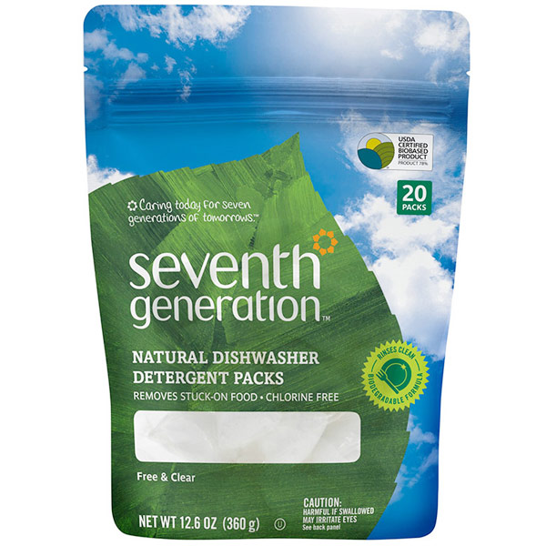 Auto Dish Packs, Natural Dishwasher Detergent Packs, Free & Clear, 20 Packs, Seventh Generation