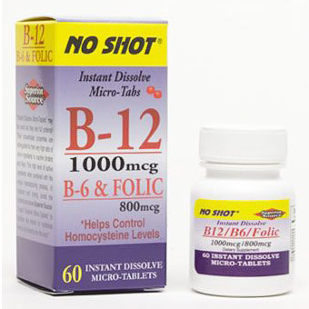 B12 1000 mcg (as Cyanocobalamin), B6 2 mg, Folic Acid 800 mcg, 60 Instant Dissolve Tablets, Superior Source