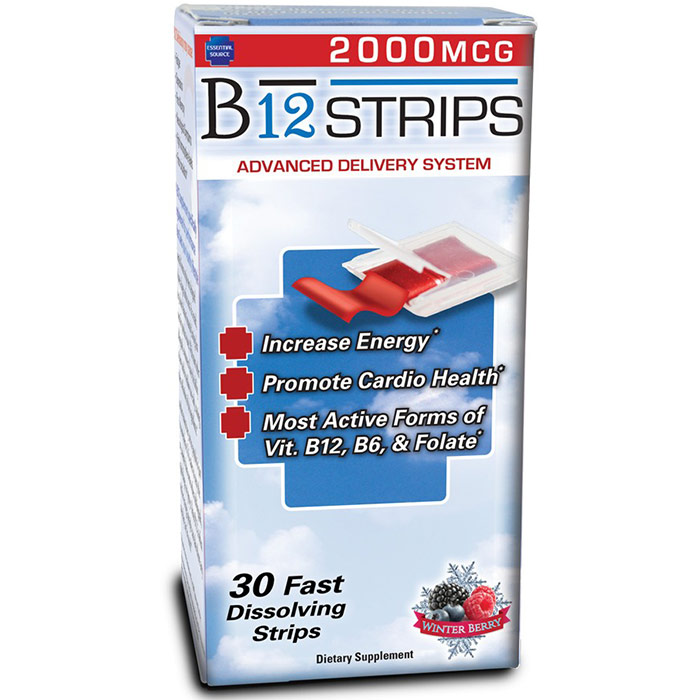 Vitamin B12 Strips 2000 mcg, with B6, Biotin & Folic Acid, 30 Strips, Essential Source