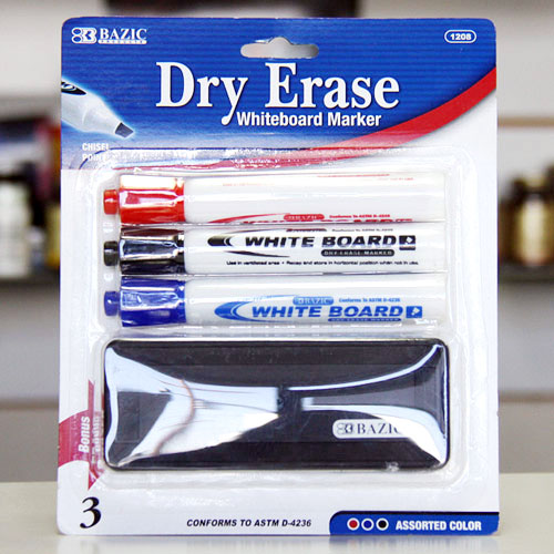 Bazic 3 Assorted Color Chisel Tip Dry Erase Whiteboard Marker with Eraser