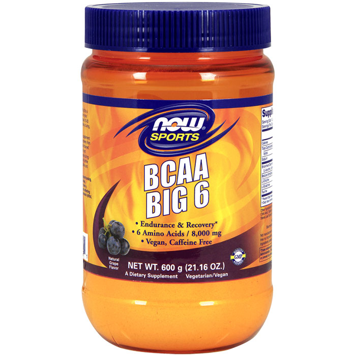 BCAA Big 6 - Natural Grape Flavor Powder, 600 g, NOW Foods