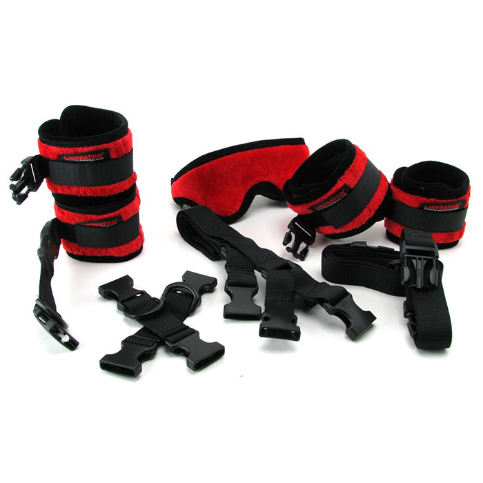 Bed Buckler Tether & Cuff Restraint Kit - Fluffy Red, Liberator Bedroom Adventure Gear