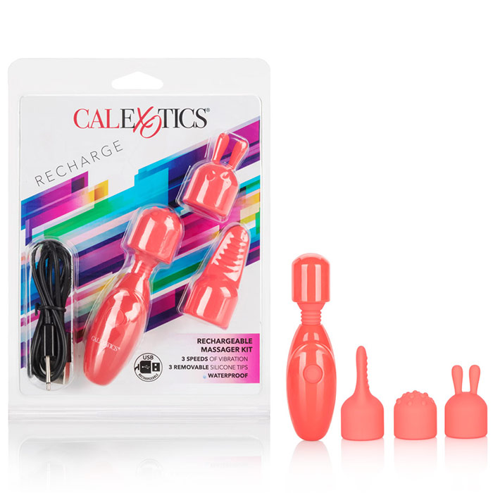 Rechargeable Mini Massager Kit, with 3 Removable Silicone Pleasure Tips, California Exotic Novelties