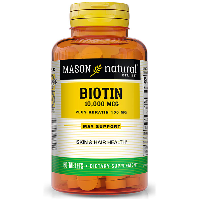 Biotin 10,000 mcg Plus Keratin 100 mg, 60 Tablets, Mason Natural