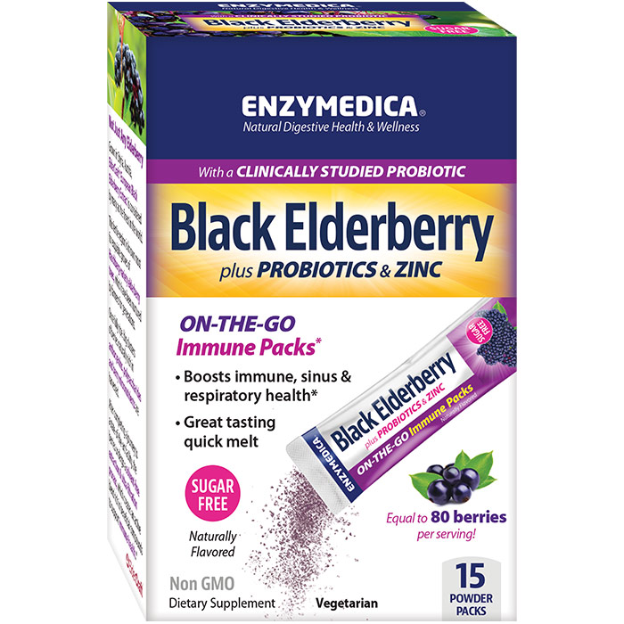 Black Elderberry Plus Probiotics & Zinc Immune Powder Packs, 15 Stick Packs, Enzymedica