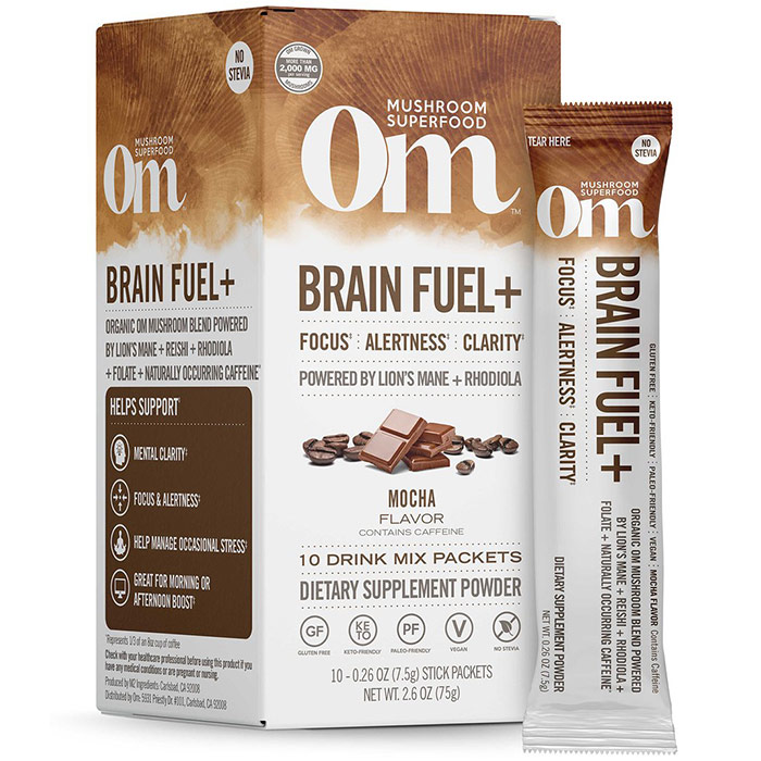 Brain Fuel+ Mushroom Superfood Drink Mix Powder Stick, 10 Packets, Om Organic Mushroom Nutrition