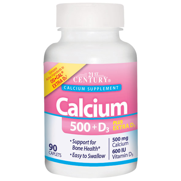 Calcium 500 + Extra D3, 90 Caplets, 21st Century HealthCare
