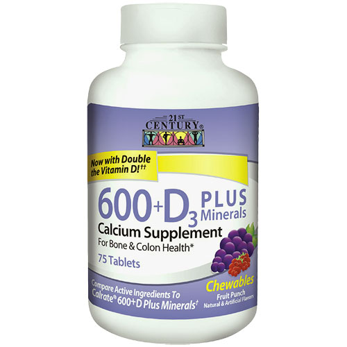 Calcium 600 + D3 Plus Minerals Chewable, 75 Tablets, 21st Century Health Care