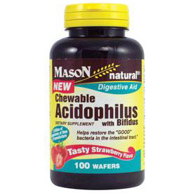 Chewable Acidophilus with Bifidus, Strawberry Flavor, 100 Wafers, Mason Natural