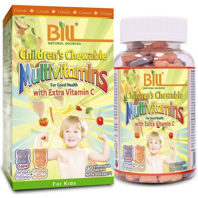Childrens Chewable Multivitamins with Extra Vitamin C, Orange & Grape Flavours, 90 Tablets, Bill Natural Sources