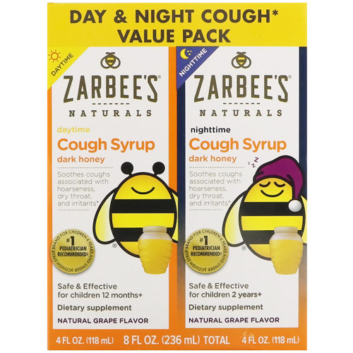 Childrens Cough Syrup with Dark Honey, Daytime & Nighttime Value Pack, Natural Grape Flavor, 4 oz x 2 Bottles, Zarbees Naturals