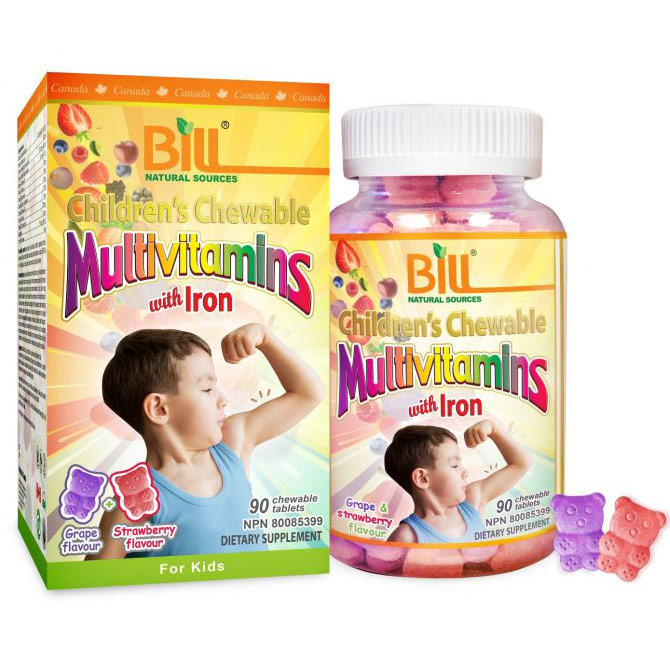 Childrens Multivitamins with Iron, Strawberry & Grape Flavours, 90 Chewable Tablets, Bill Natural Sources