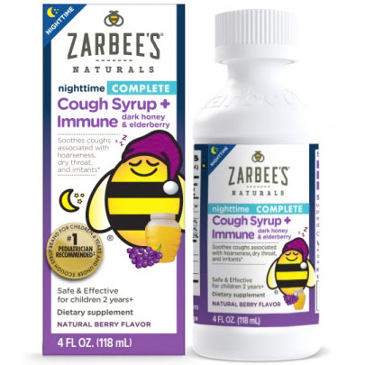 Childrens Nighttime Complete Cough Syrup + Immune, with Dark Honey & Elderberry, Natural Berry Flavor, 4 oz, Zarbees Naturals