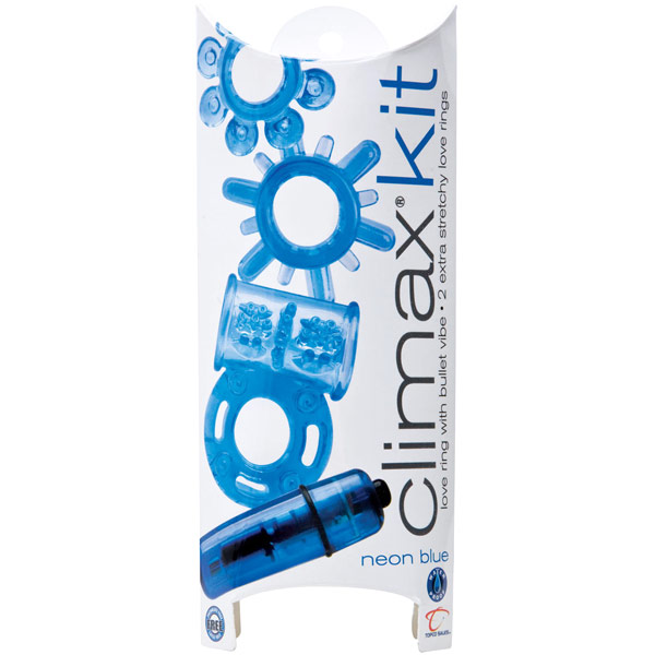 Climax Kit (Love Ring with Bullet Vibe, 2 Extra Stretchy Love Rings), Neon Blue, Topco Climax