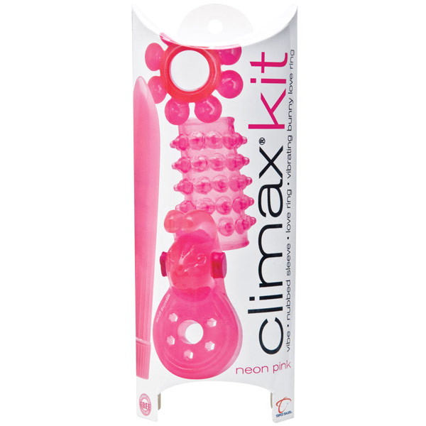 Climax Kit (Vibe, Rubbed Sleeve, Love Ring, Vibrating Bunny Love Ring), Neon Pink, Topco Climax