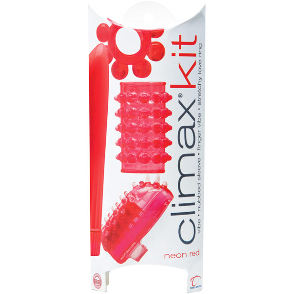 Climax Kit (Vibe, Rubbed Sleeve, Finger Vibe, Stretchy Love Ring), Neon Red, Topco Climax