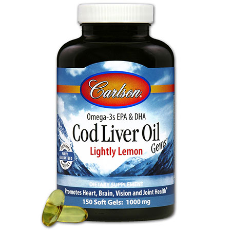 Norwegian Cod Liver Oil 1000 mg, Lightly Lemon, 150 Softgels, Carlson Labs