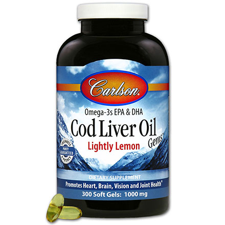 Norwegian Cod Liver Oil 1000 mg, Lightly Lemon, Value Size, 300 Softgels, Carlson Labs