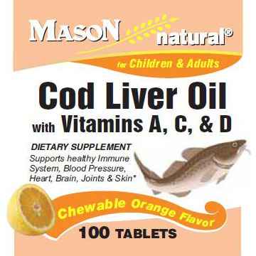 Cod Liver Oil with Vitamin A, C & D, Chewable Orange Flavor, 100 Tablets, Mason Natural