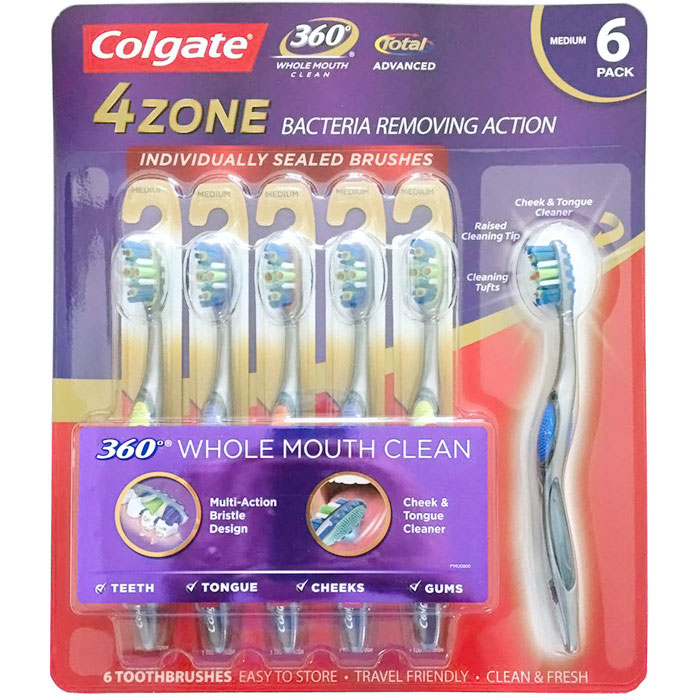 Colgate 360 Advanced 4 Zone Toothbrushes - Medium, 6 Pack