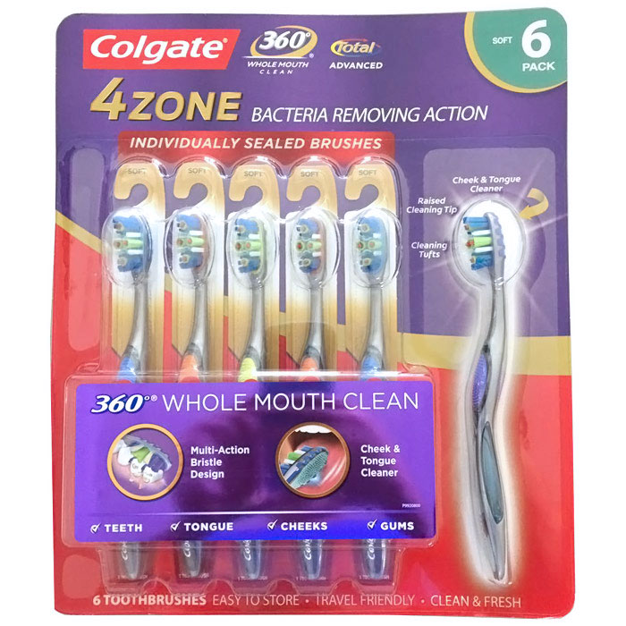 Colgate 360 Advanced 4 Zone Toothbrushes - Soft, 6 Pack