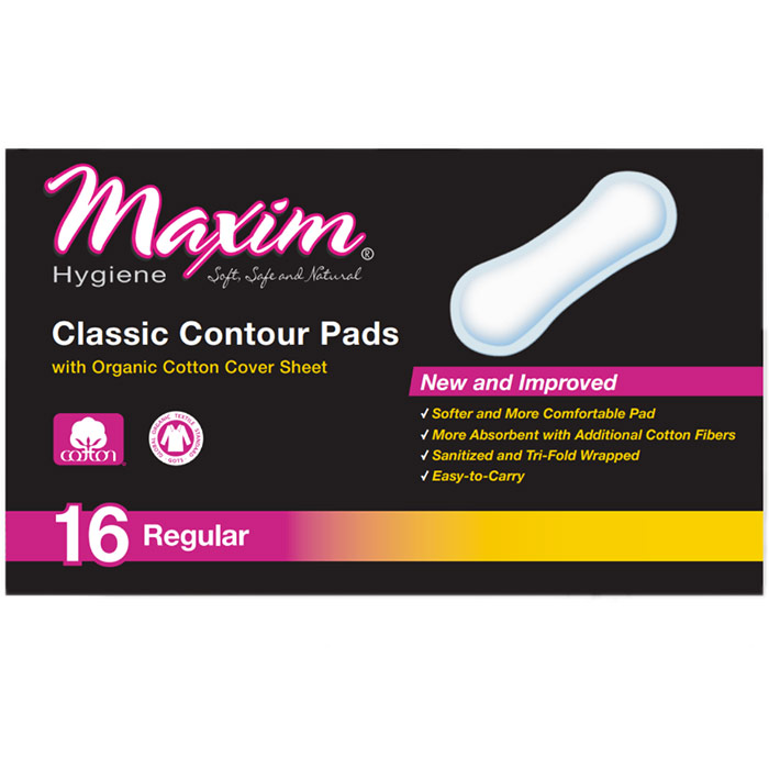 Natural Cotton Classic Contour Sanitary Pads, Regular, 16 Count, Maxim Hygiene Products