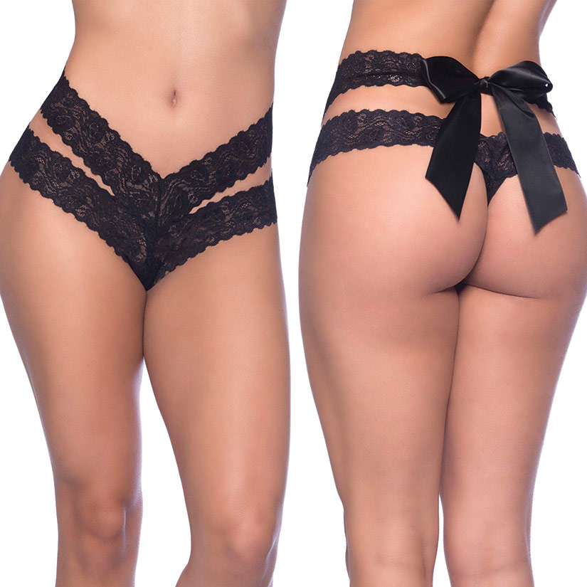 Crotchless Lace Dual Strap Thong, Black, Queen Size, Oh La La Cheri Lingerie
