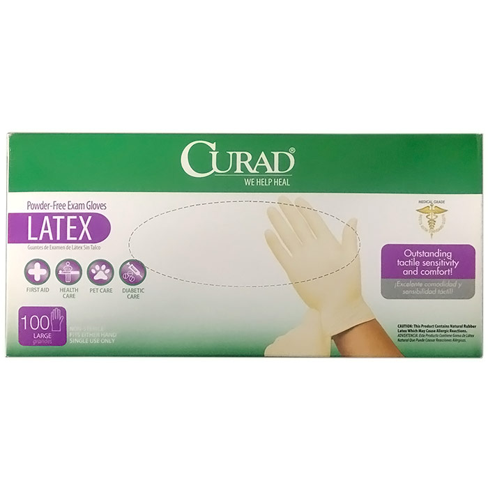 Curad Comfort Wear Powder Free Latex Exam Gloves, Large, 100 Count
