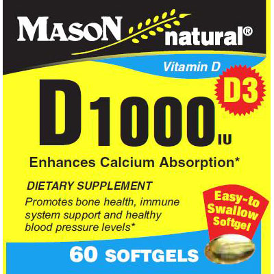 Vitamin D 1000 IU, 60 Softgels, Mason Natural