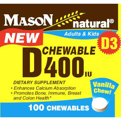 Chewable Vitamin D 400 IU for Adults & Kids, 100 Chewables, Mason Natural