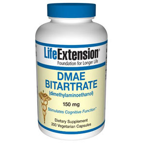 DMAE Bitartrate (dimethylaminoethanol) 150 mg, 200 Vegetarian Capsules, Life Extension