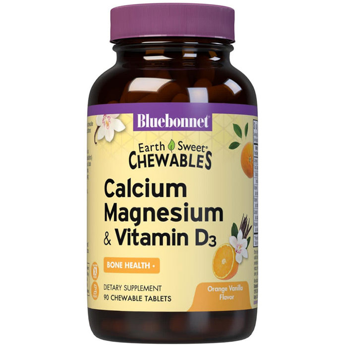 EarthSweet Chewables Calcium Magnesium & Vitamin D3, Natural Orange Vanilla Flavor, 90 Chewable Tablets, Bluebonnet Nutrition