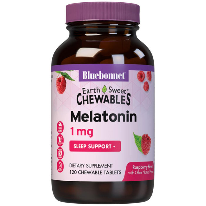 EarthSweet Chewables Melatonin 1 mg, Natural Raspberry Flavor, 120 Chewable Tablets, Bluebonnet Nutrition