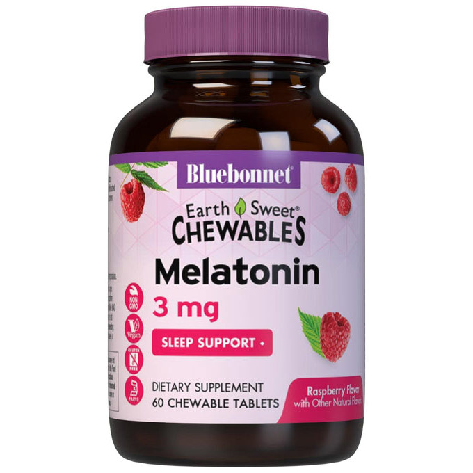 EarthSweet Chewables Melatonin 3 mg, Natural Raspberry Flavor, 60 Chewable Tablets, Bluebonnet Nutrition