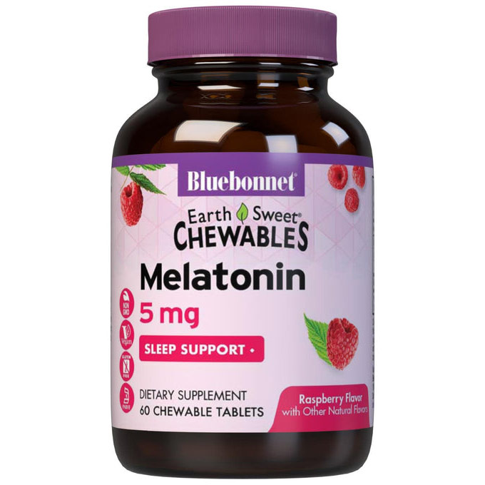 EarthSweet Chewables Melatonin 5 mg, Natural Raspberry Flavor, 60 Chewable Tablets, Bluebonnet Nutrition