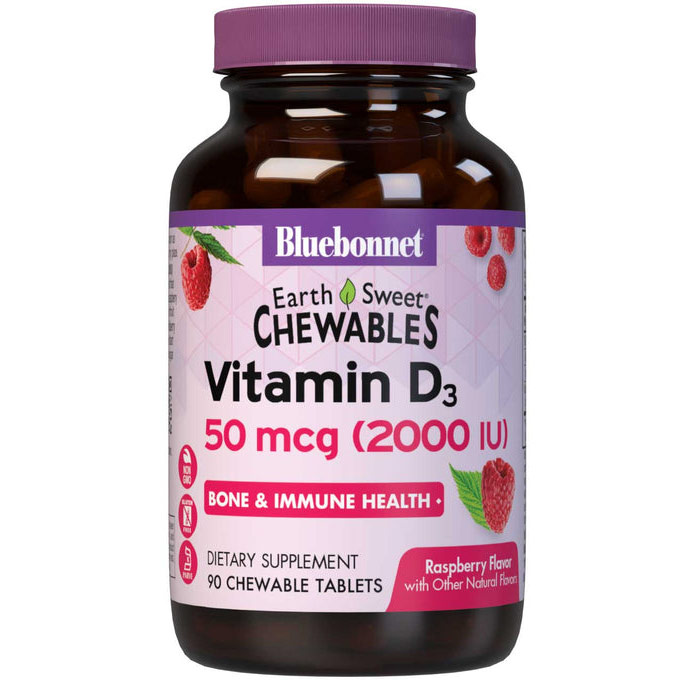 EarthSweet Chewables Vitamin D3 2000 IU, Natural Raspberry Flavor, 90 Chewable Tablets, Bluebonnet Nutrition