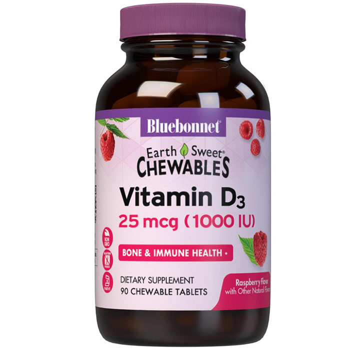 EarthSweet Chewble Vitamin D3 1000 IU, Natural Raspberry Flavor, 90 Tablets, Bluebonnet Nutrition