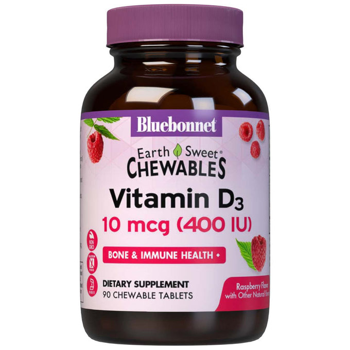 EarthSweet Chewble Vitamin D3 400 IU, Natural Raspberry Flavor, 90 Tablets, Bluebonnet Nutrition