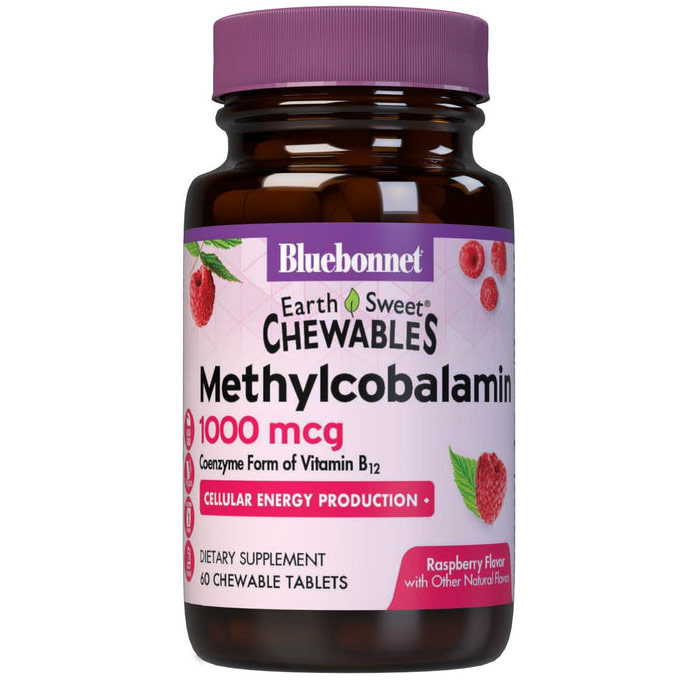 EarthSweet Chewables CellularActive Methylcobalamin Vitamin B12 1000 mcg, Natural Raspberry Flavor, 60 Chewable Tablets, Bluebonnet Nutrition