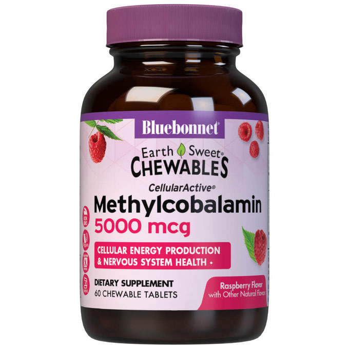 EarthSweet Chewables CellularActive Methylcobalamin Vitamin B12 5000 mcg, Natural Raspberry Flavor, 60 Chewable Tablets, Bluebonnet Nutrition