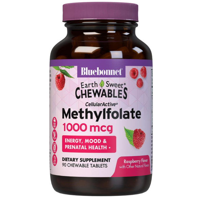 EarthSweet Chewables CellularActive Methylfolate 1000 mcg, Natural Raspberry Flavor, 90 Chewable Tablets, Bluebonnet Nutrition