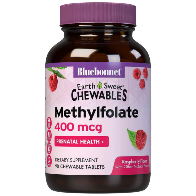 EarthSweet Chewables CellularActive Methylfolate 400 mcg, Natural Raspberry Flavor, 90 Chewable Tablets, Bluebonnet Nutrition